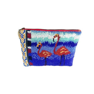 Anthropology Jasper and Jeera hand Beaded Flamingo zippered pouch Bag